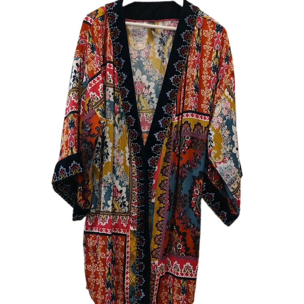 Anthropologie Zadie Velvet Trim Robe Kimono Bell Sleeve Size XS/S pockets Boho
